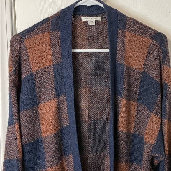 American Eagle Oversized Wool Blend Open Front Plaid Cardigan Sweater Size Small - Picture 3 of 10
